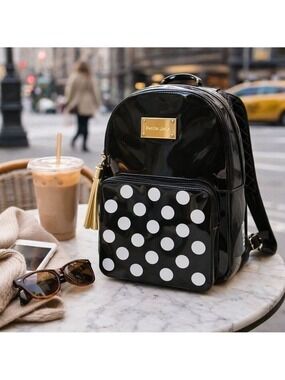 🖤 Petite Jolie Black Polka Dot Backpack – Glossy Finish
